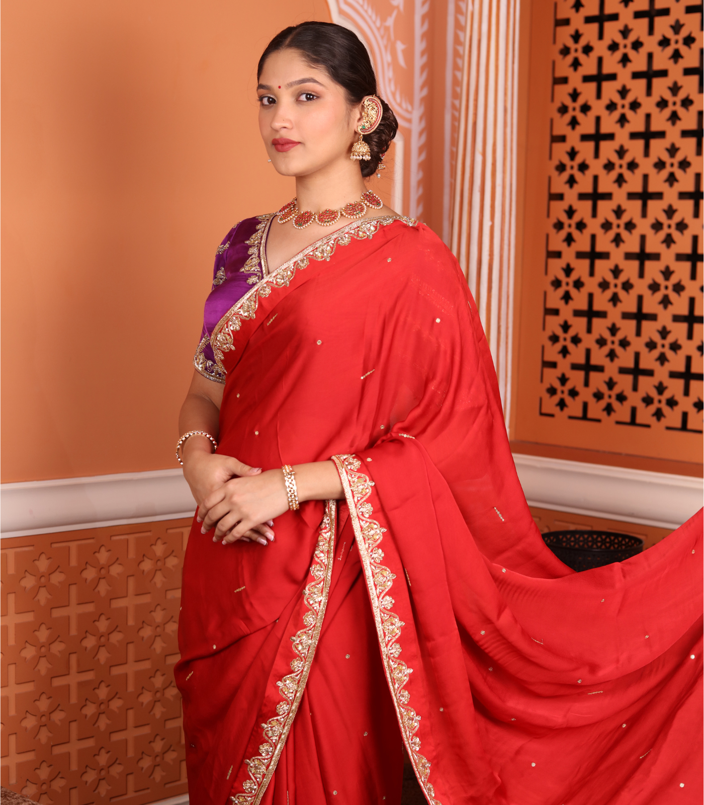 Red Embroidered Satin Saree