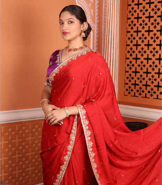 Red Embroidered Satin Saree