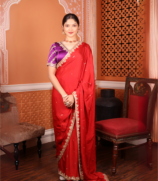 Red Embroidered Satin Saree