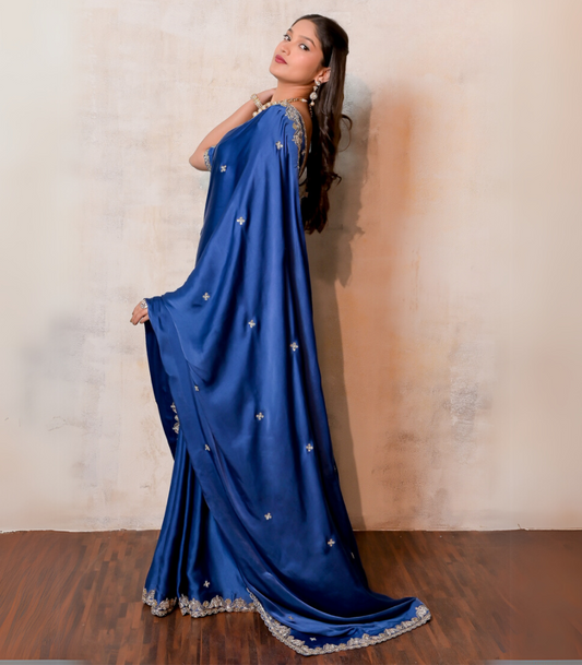 Blue Embroidered Satin Saree