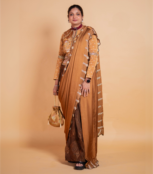 Brown Embroidered Satin Saree
