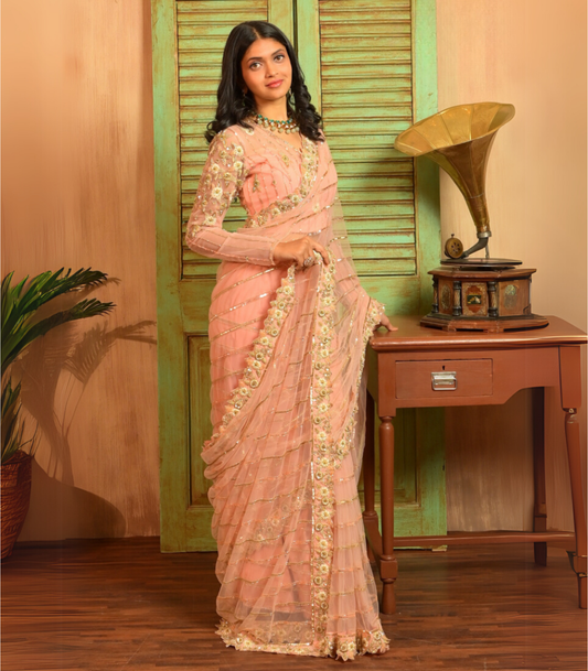 Light Peach net saree