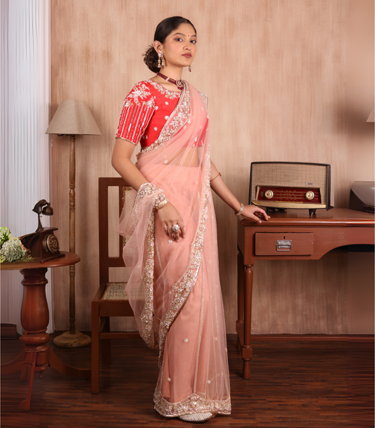 Dark Peach net saree