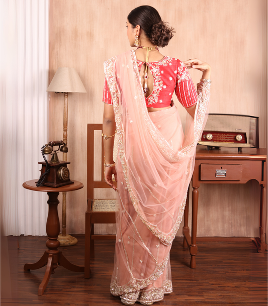 Dark Peach net saree