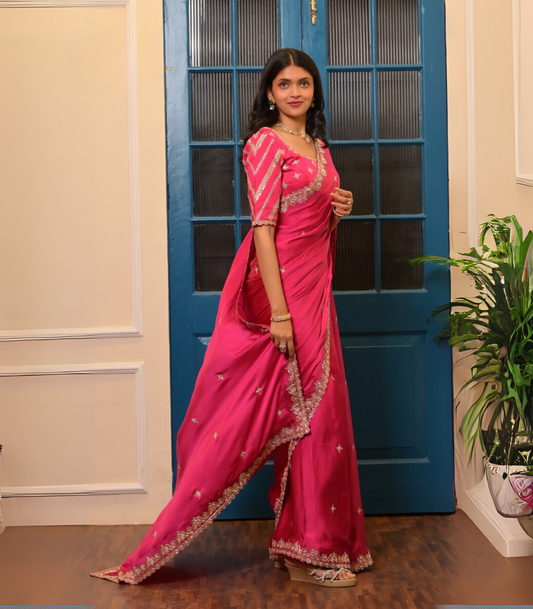 Pink Embroidered Satin Saree